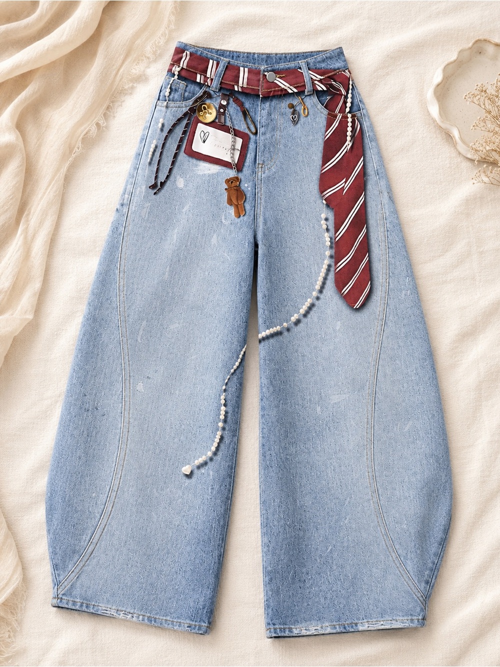 Light Wash Wide Leg Denim Jeans with Tie Detail